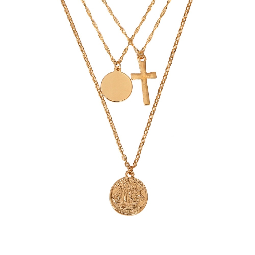 Vintage cross coin multilayer necklace