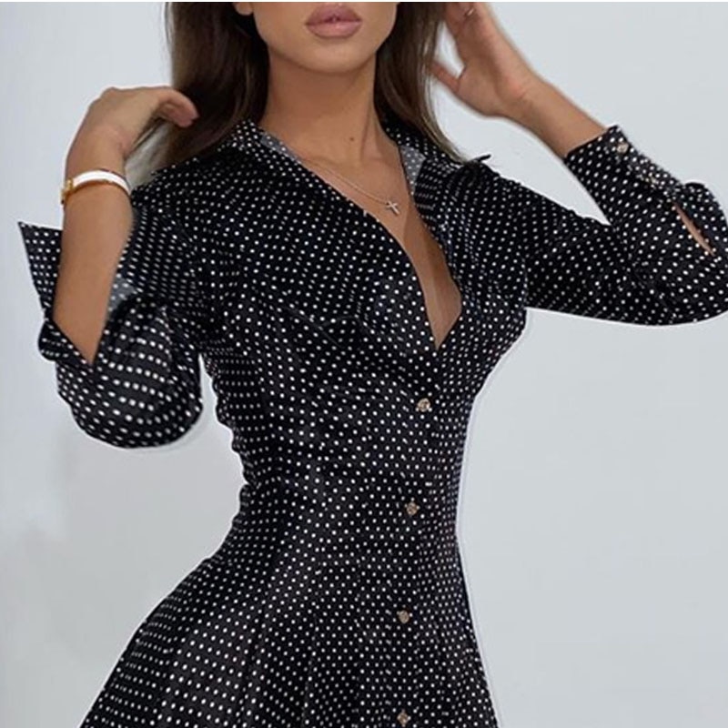Women Dot Print Pleated Skater Dress Shirt