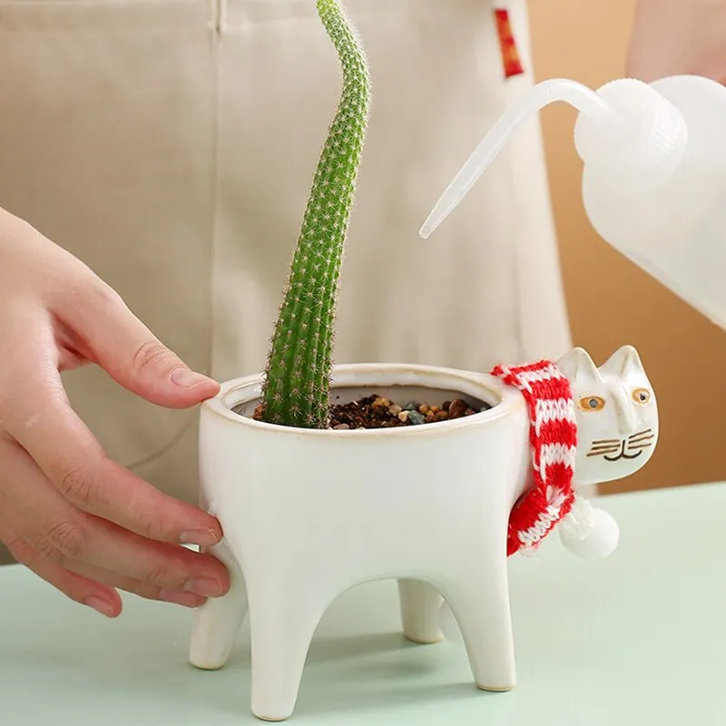 Desktop Cute Ceramic Cat Cactus Flower Pot - White