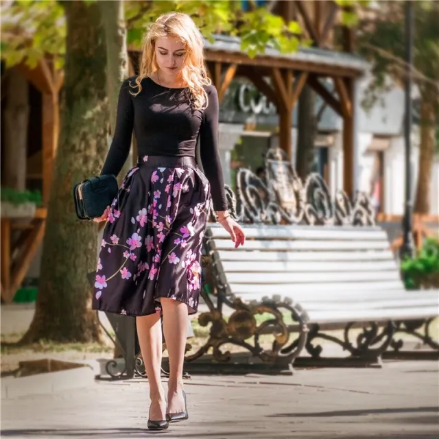 Mid length umbrella skirt with satin print skirt Purple - Shop at LoveMi