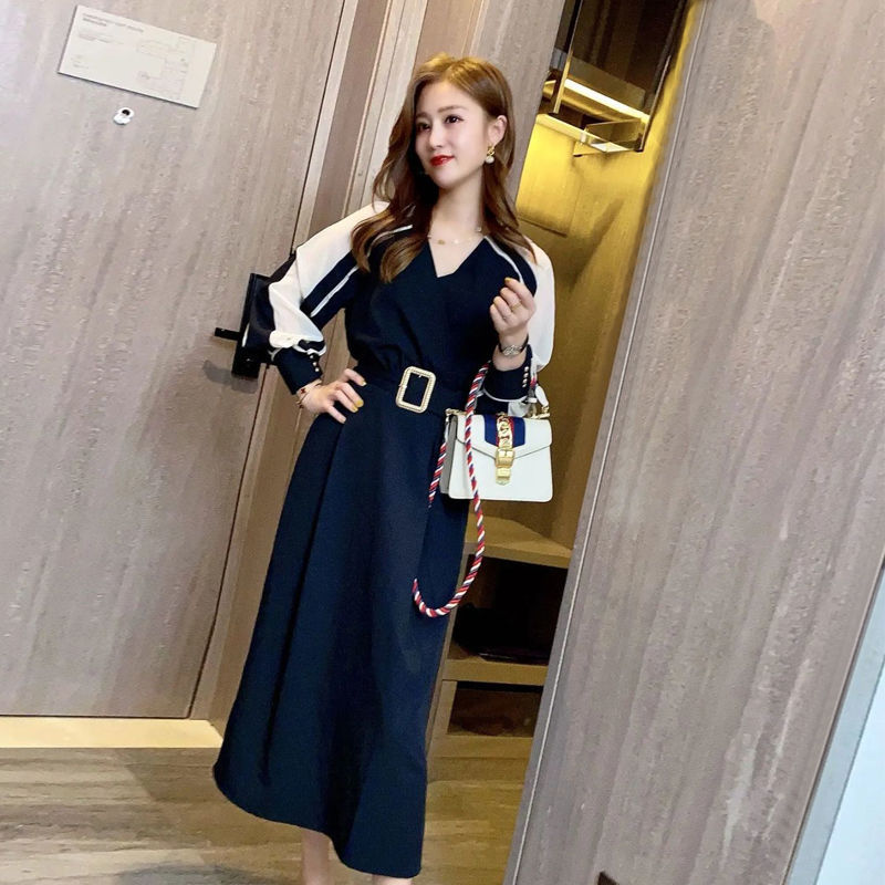 Cold wind contrast color stitching striped belt waist mid-length dress