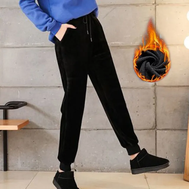 Women Winter Lamb Fur Cashmere Slim Casual Warm Harem Pants Sweatpants Trousers Black - Shop at LoveMi
