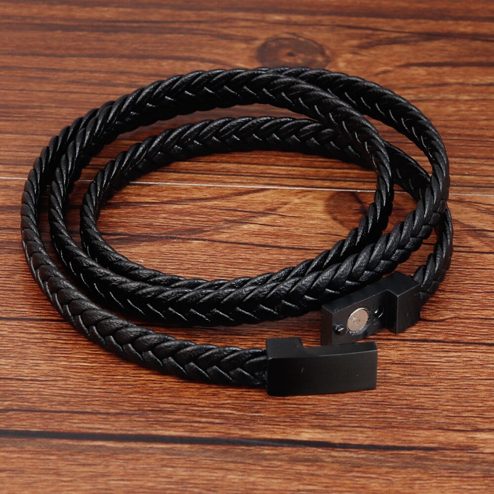 Woven leather stainless steel bracelet