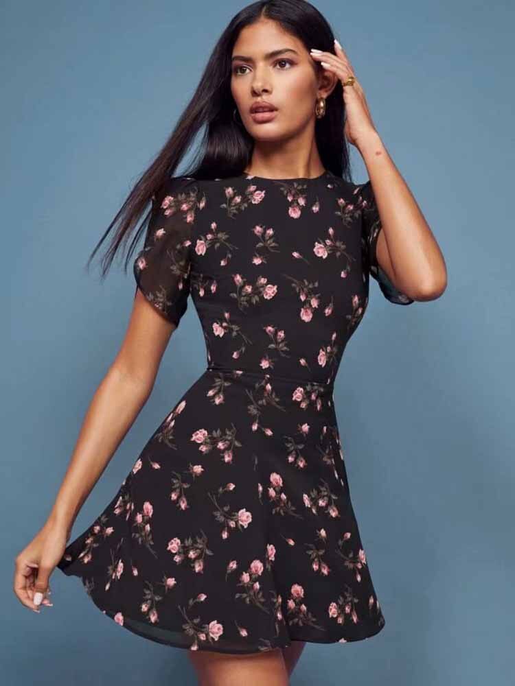 High waist slim slimming printed dress