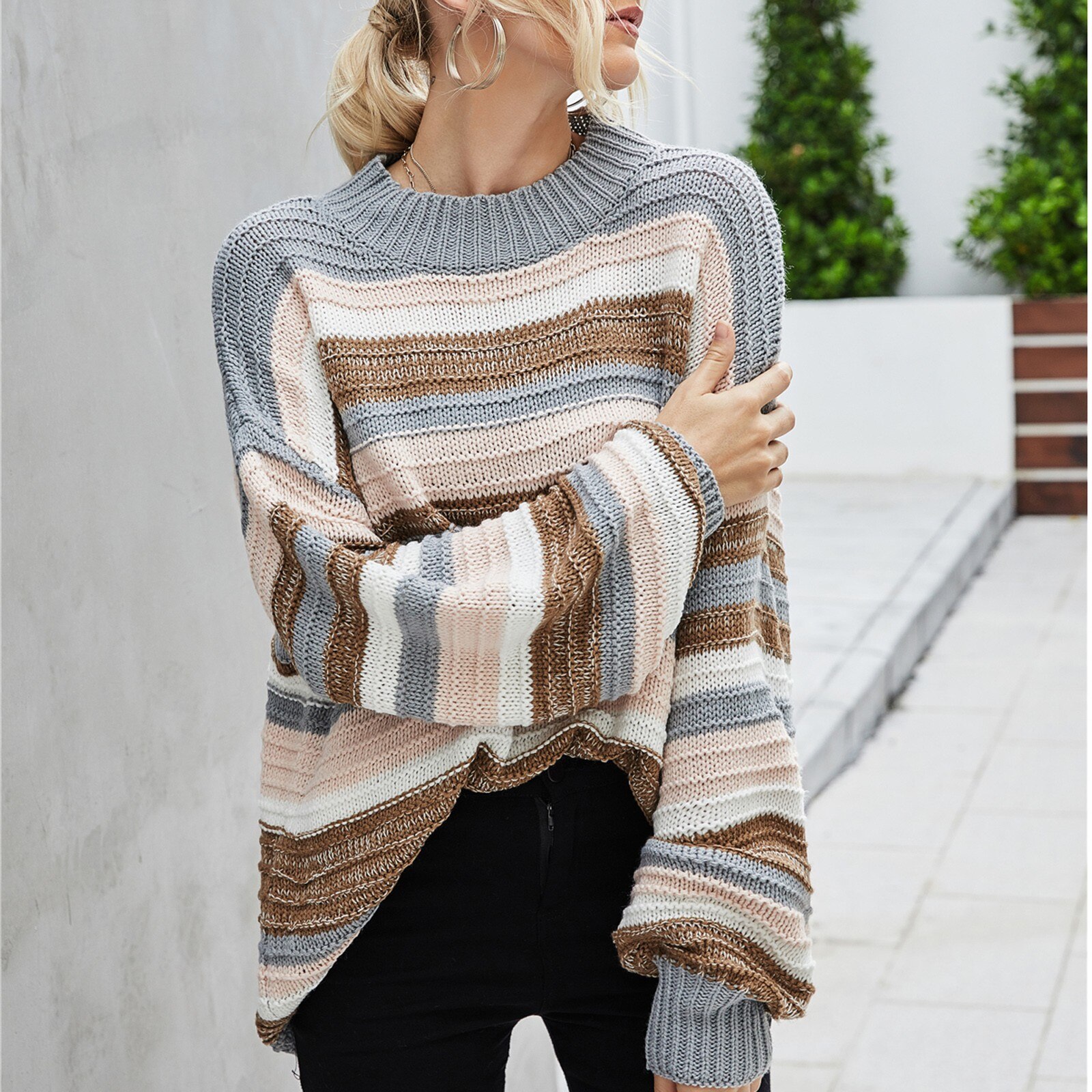 Women's knitted stitching sweater