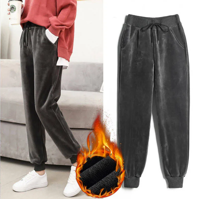 Women Winter Lamb Fur Cashmere Slim Casual Warm Harem Pants Sweatpants Trousers - Grey
