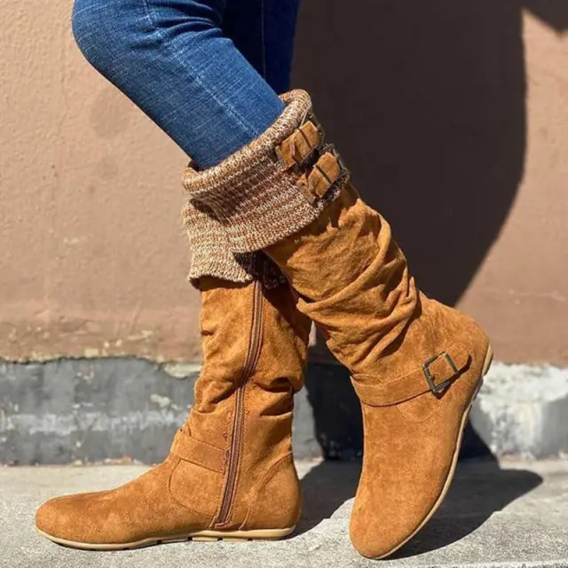 High sleeve wool leather button flat heel Knight boots Brown - Shop at LoveMi