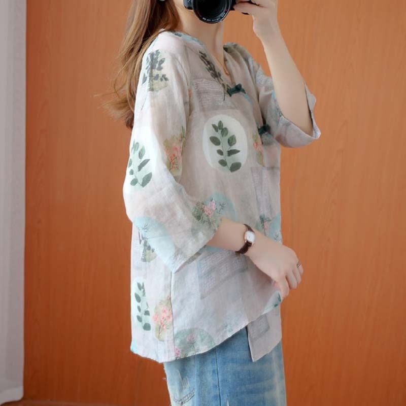 Summer retro printed cotton and linen shirt