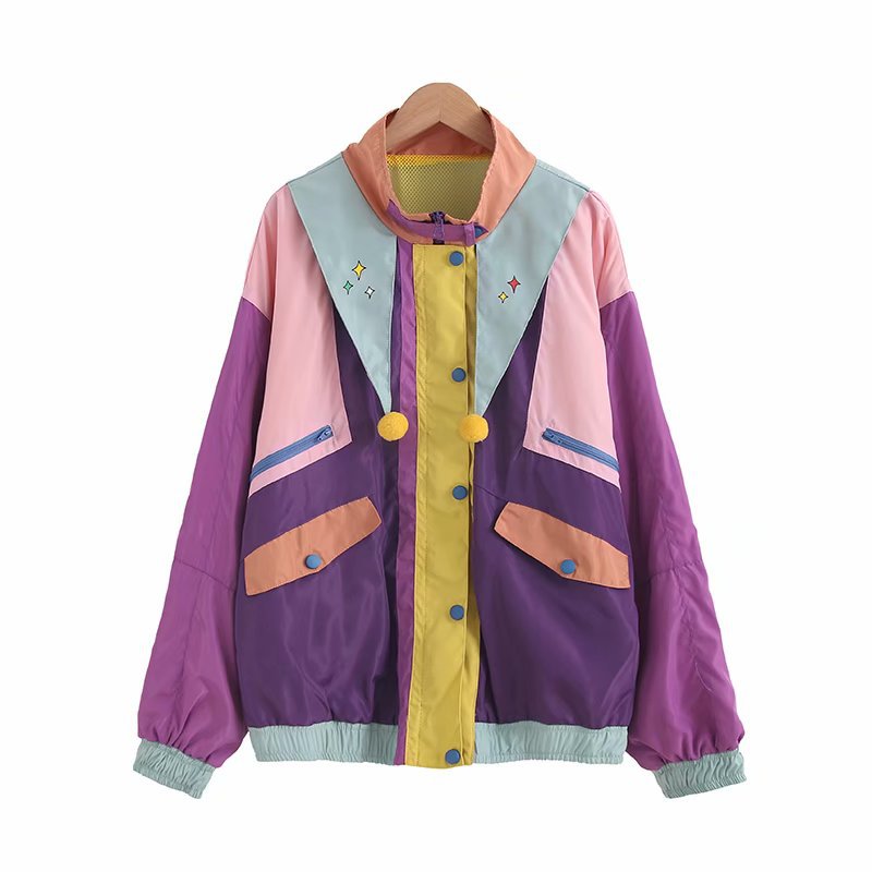 Pointed collar fur ball childish cute color block jacket