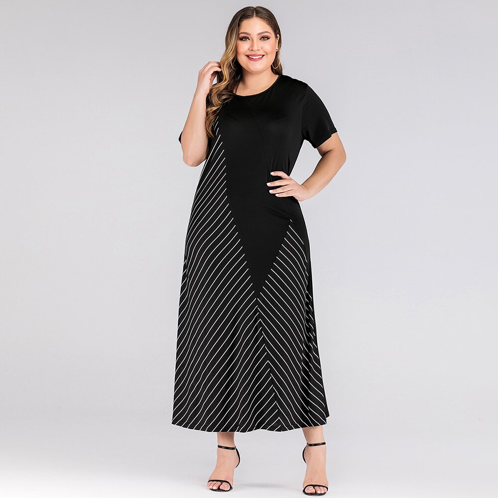 Big Size Women Dress Black Round Neck Short Sleeve Contrast Color Stripe Patchwork Maxi Dresses