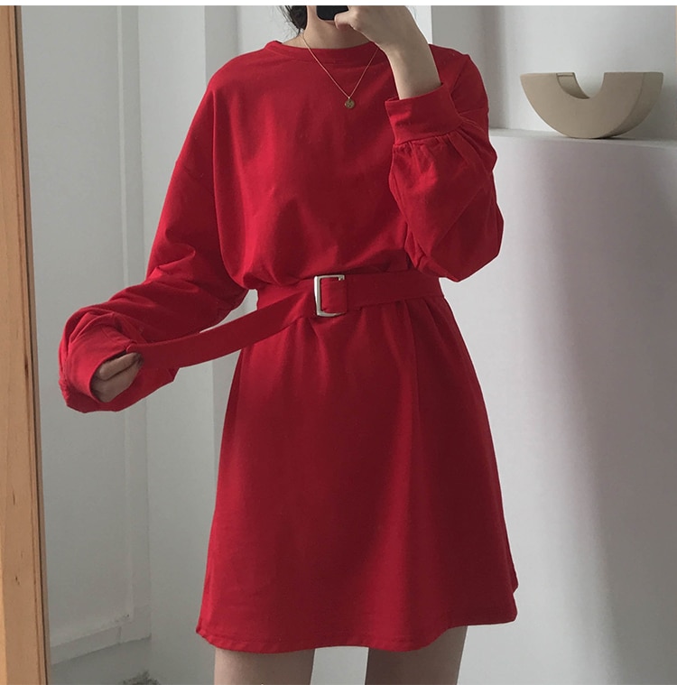 Solid color long-sleeved lace-up waist skirt dress