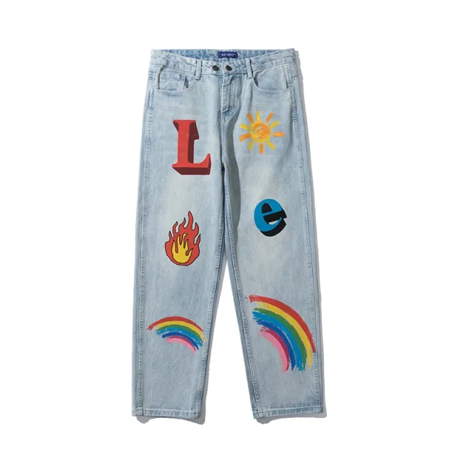 Loose hip hop five pointed star jeans Washed Blue - Shop at LoveMi