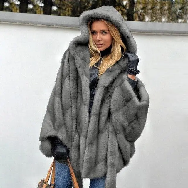 Women's hooded mink velvet coat - Grey