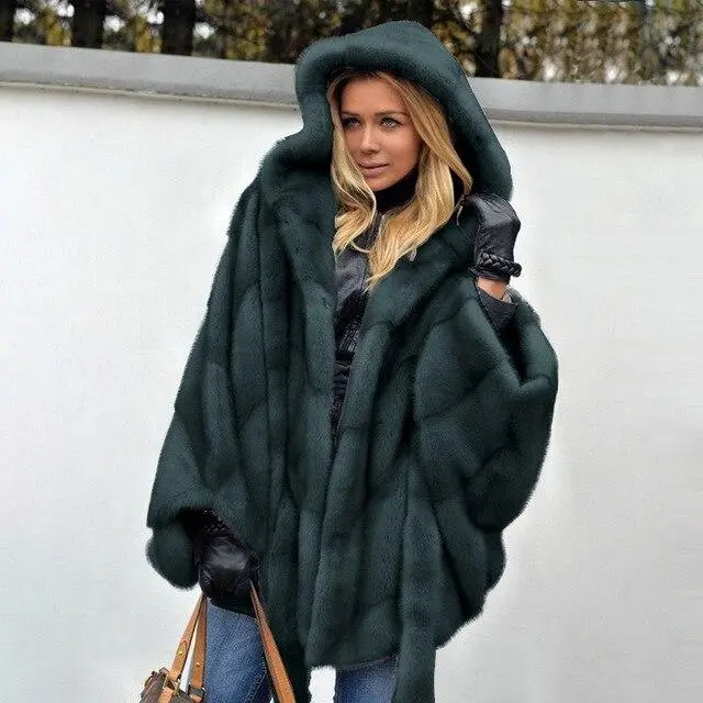 Women's hooded mink velvet coat - Dark Green