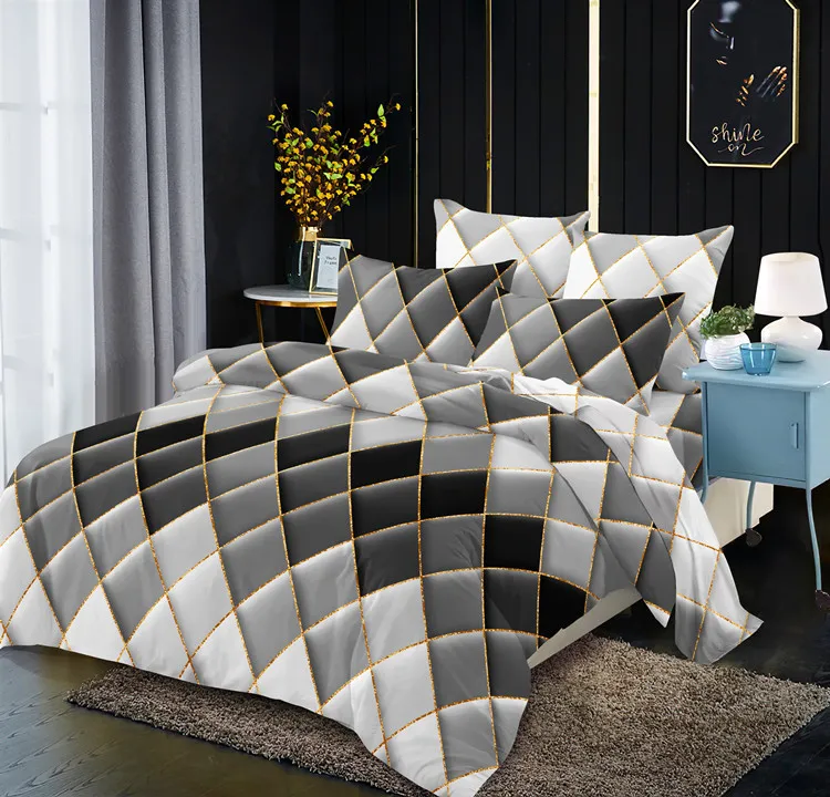 Light luxury style gilt line geometric elements rhombus line quilt cover kit - Grey