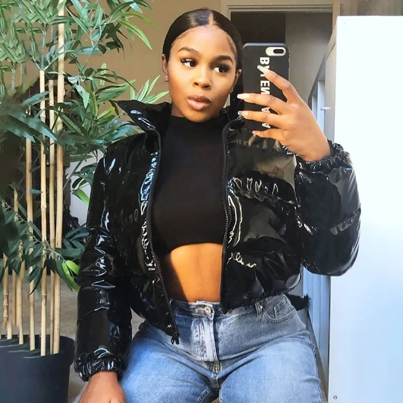 Sisterlinda Faux PU Leather Y2K Bubble Puffer Winter Warm Jacket Women Coats Long Sleeve Outerwear Zipper Casual Slim Parkas - Black