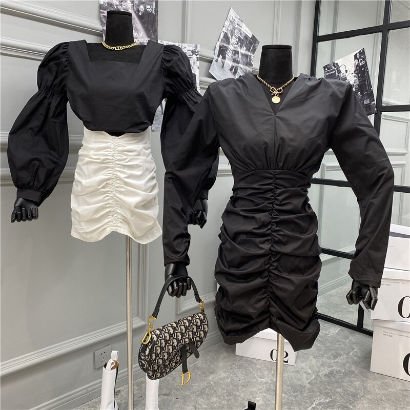 Deep V Temperament was thin long sleeve dress