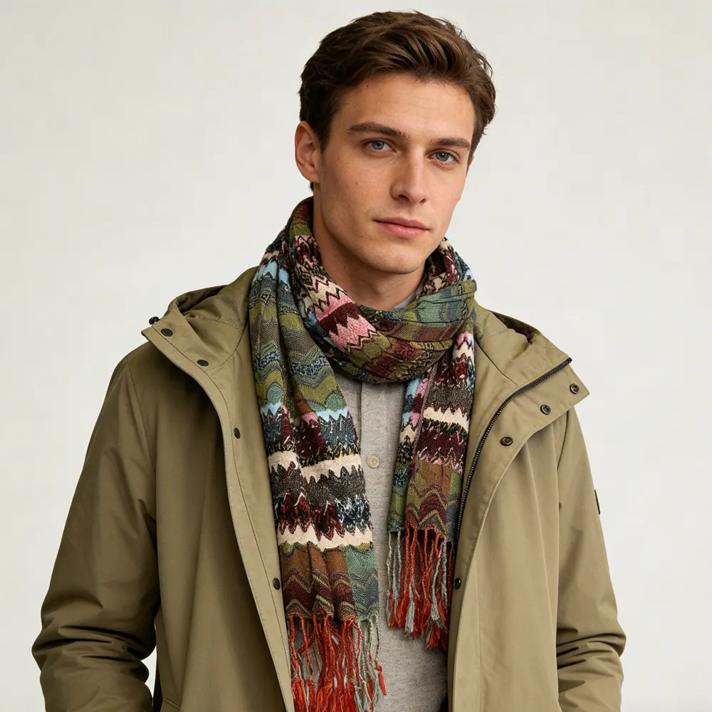 Long Scarf, Nature-inspired Jacquard Green Leaf Motif