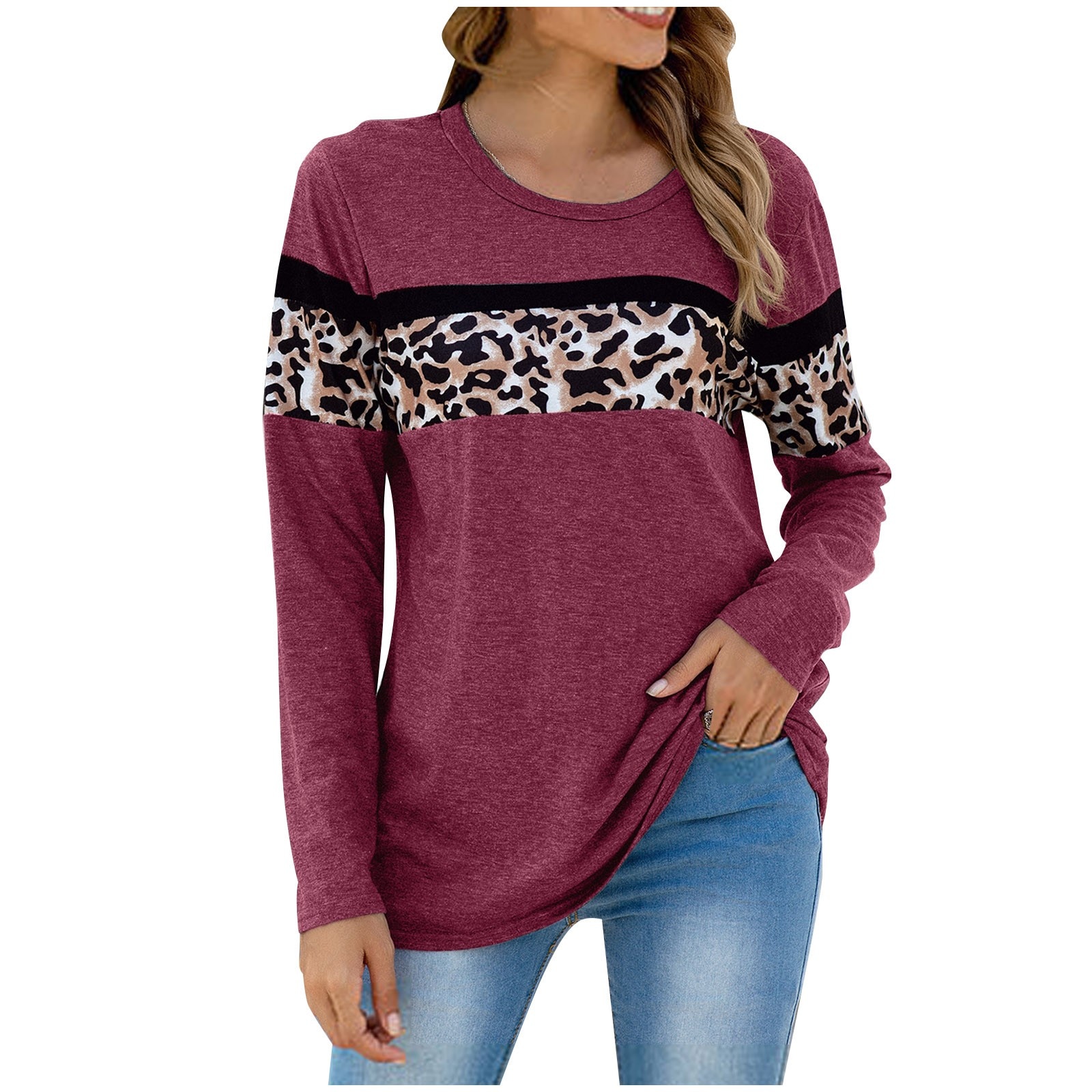 Long sleeve stitching leopard print top T-shirt
