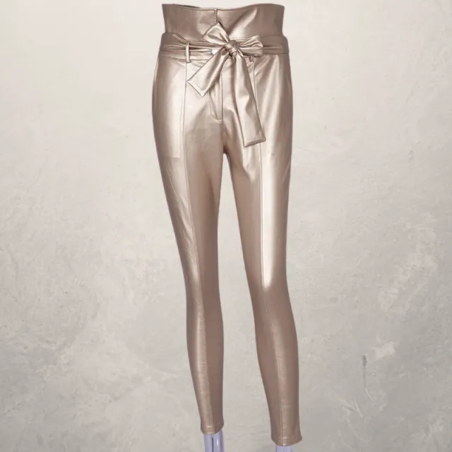 PU bright leather stitching casual tights Gold - Shop at LoveMi