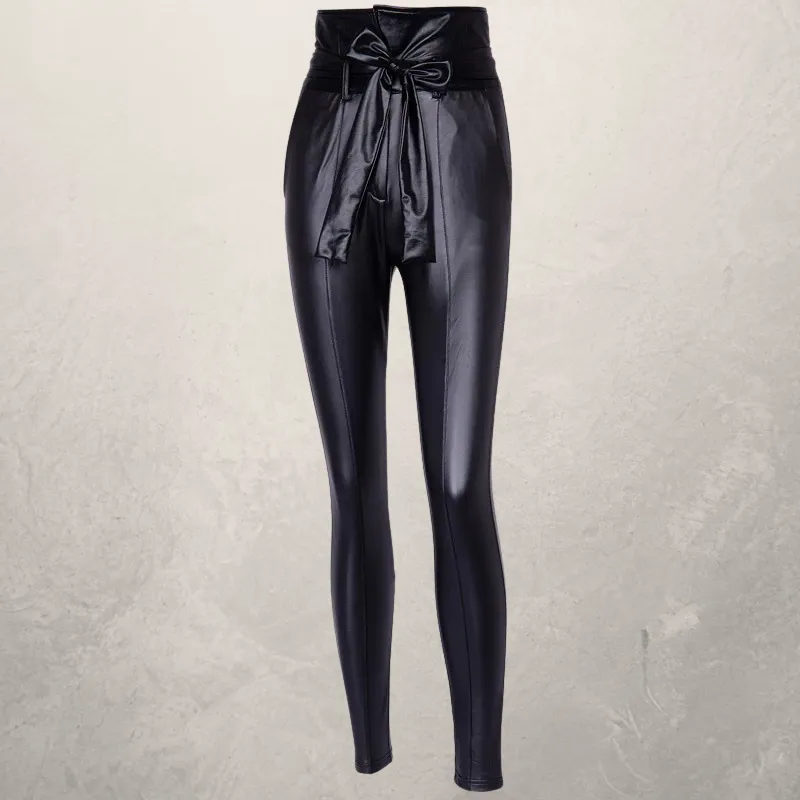 PU bright leather stitching casual tights - Black