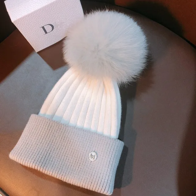 Women's warm knitted hat autumn and winter wild fox fur ball cute wool hat Grey - Shop at LoveMi