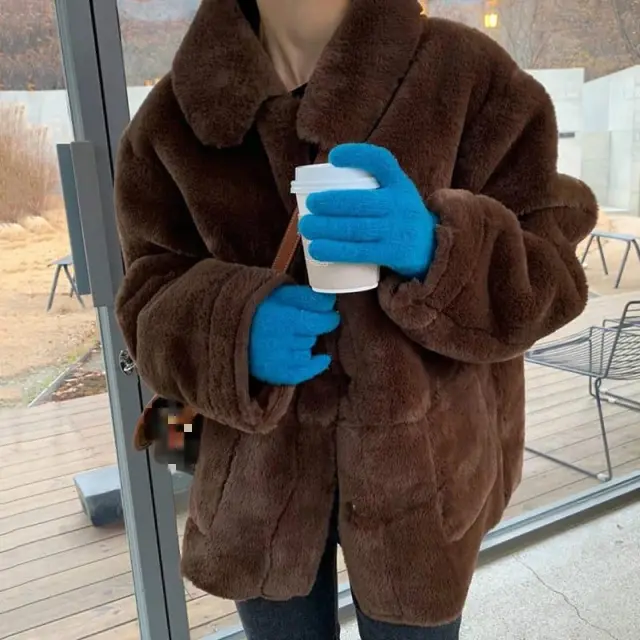 Thicken and warm both sides wear a short fur coat Khaki - Shop at LoveMi