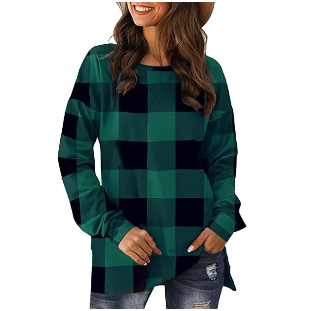 Long sleeves with plaid print hem slit Green - Shop at LoveMi