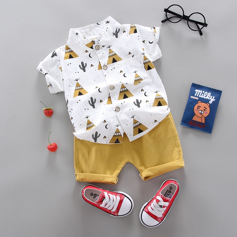 Casual children's summer boy stand-collar plaid shirt