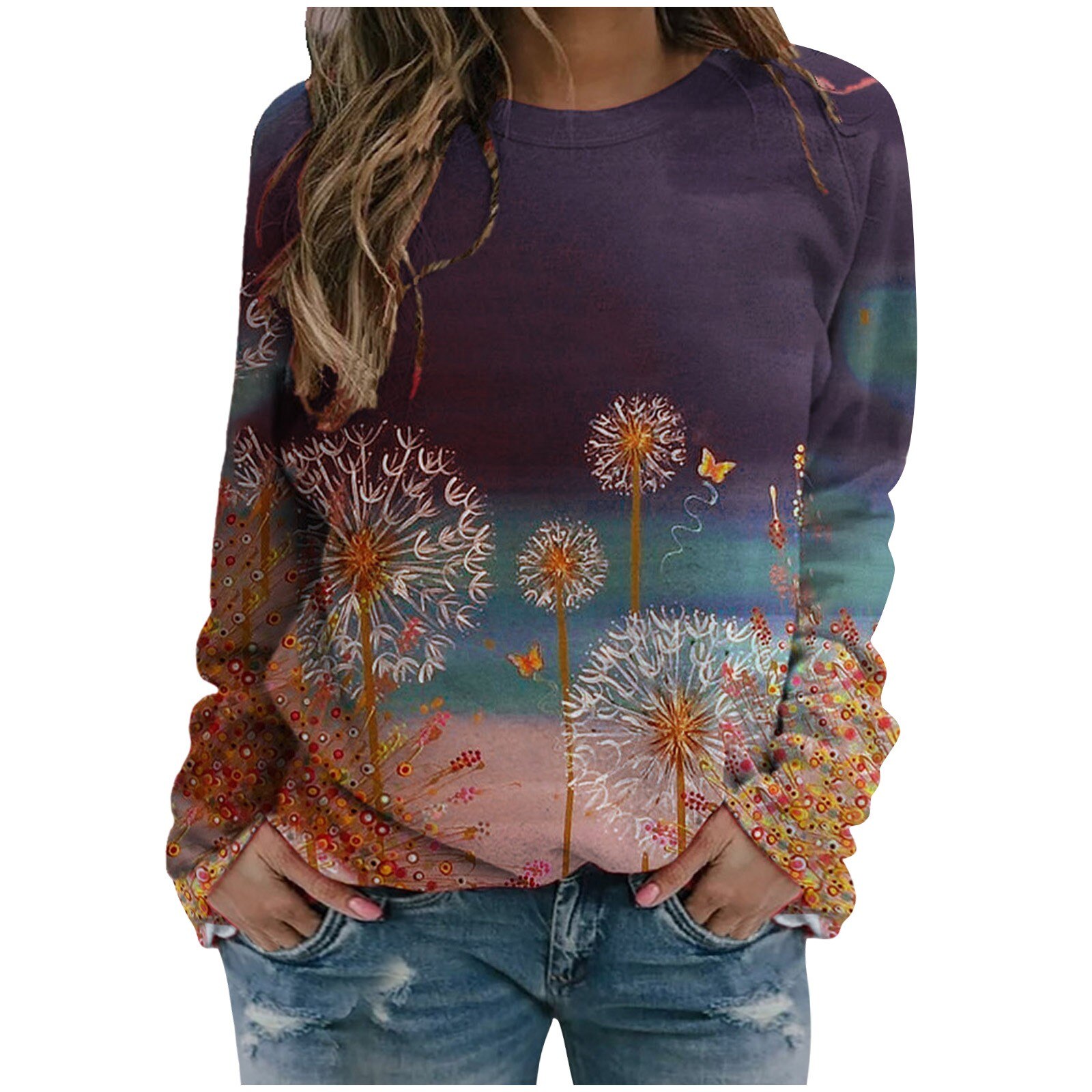 Ladies printed long-sleeved casual plus velvet T-shirt