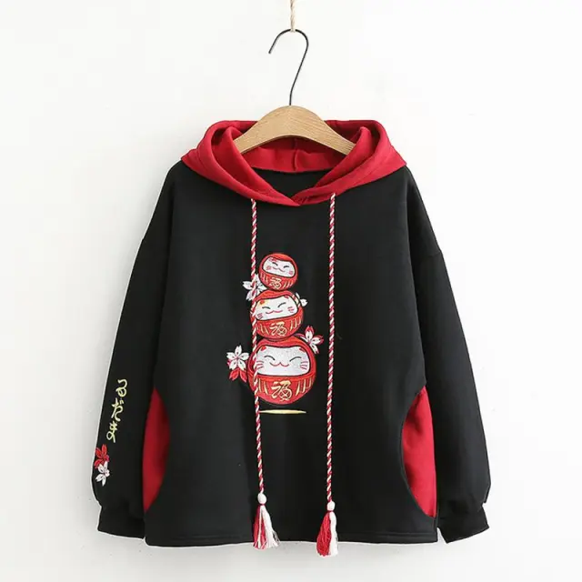 Lucky Cat Sakura Embroidery Tassels Drawstring Hoodie Black - Shop at LoveMi
