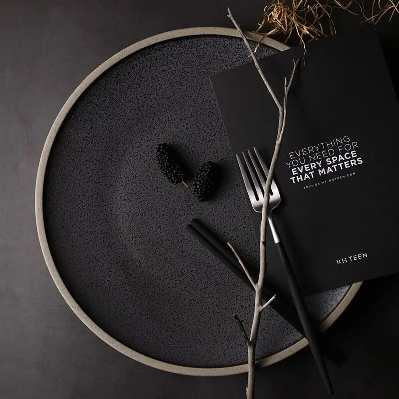 Black Crystal Large Plate Ceramic Home Dessert Round Flat