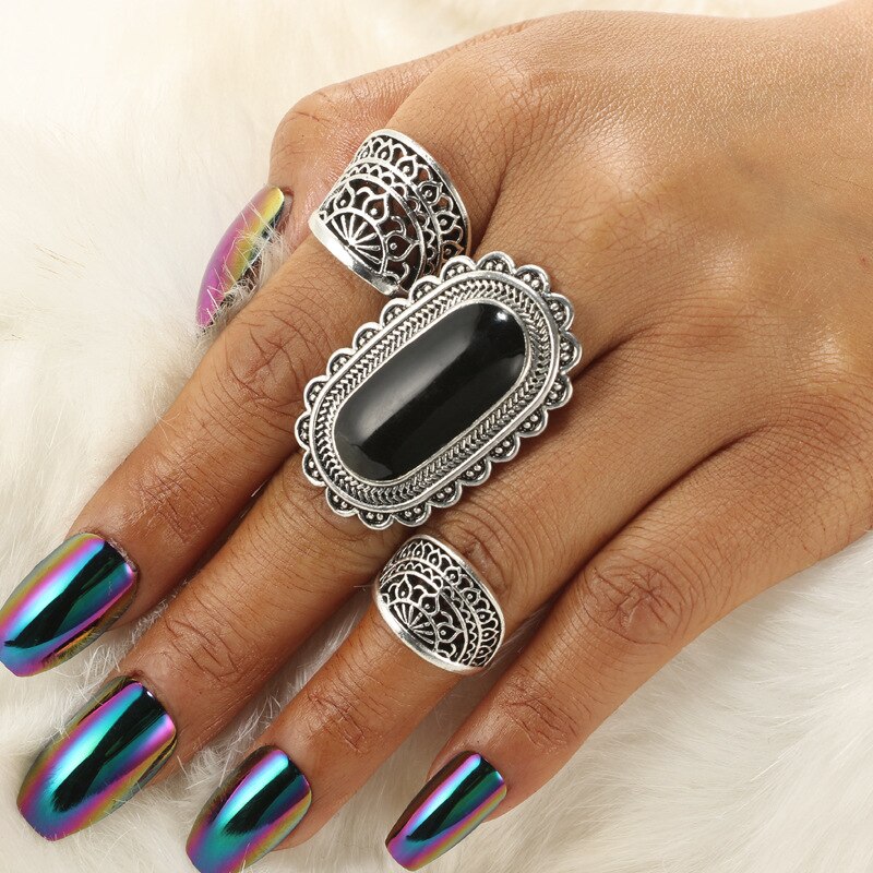 Hipster simple fashion black gem ring 3-piece set