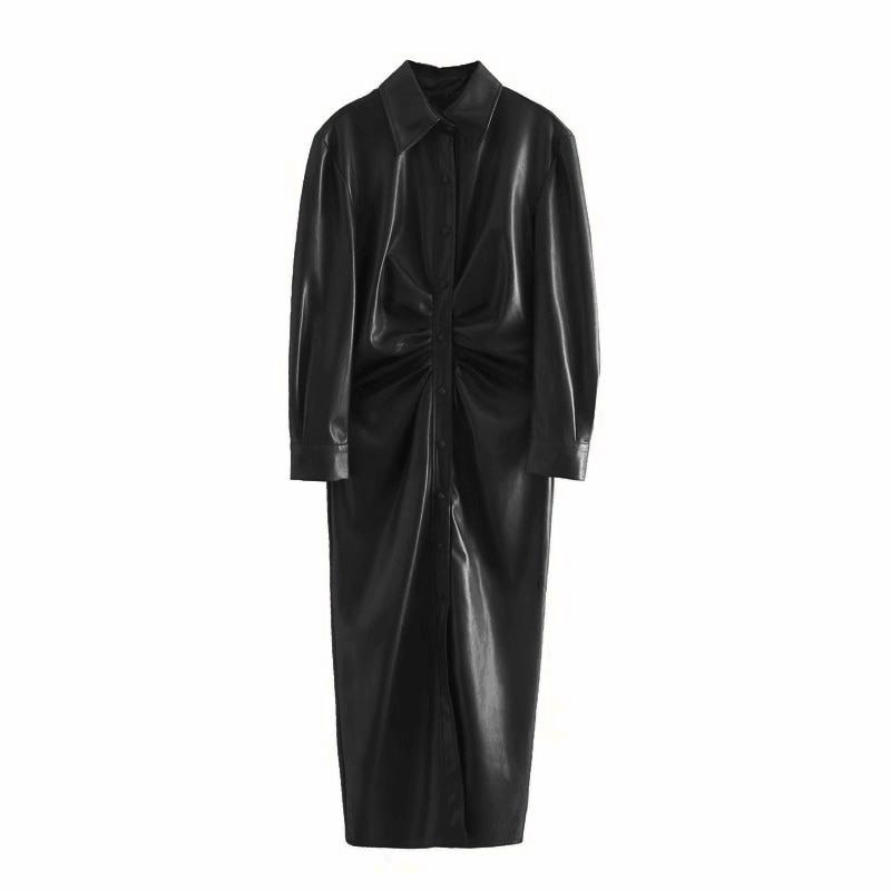 PU sea blue shirt long skirt autumn European and American style self-cultivation pleated breasted female slim