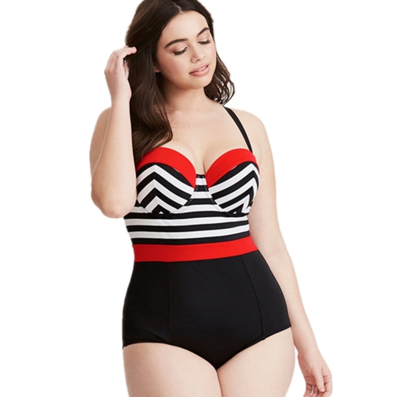 Hot-selling black and white striped print fat woman one-piece sexy ladies plus size swimsuit