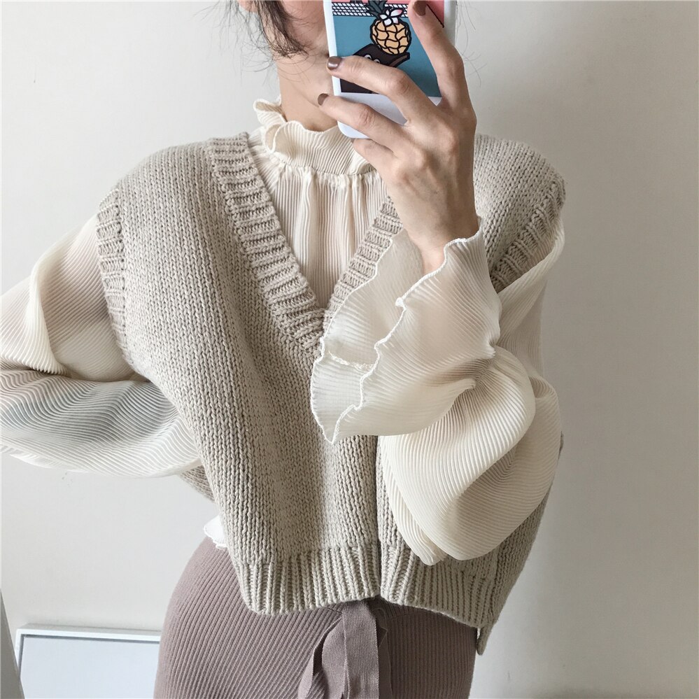 Stand collar ruffled Lantern Sleeve with chiffon shirt