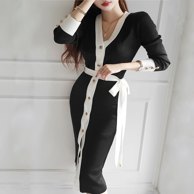 Women's knitting color matching slim lace up dress