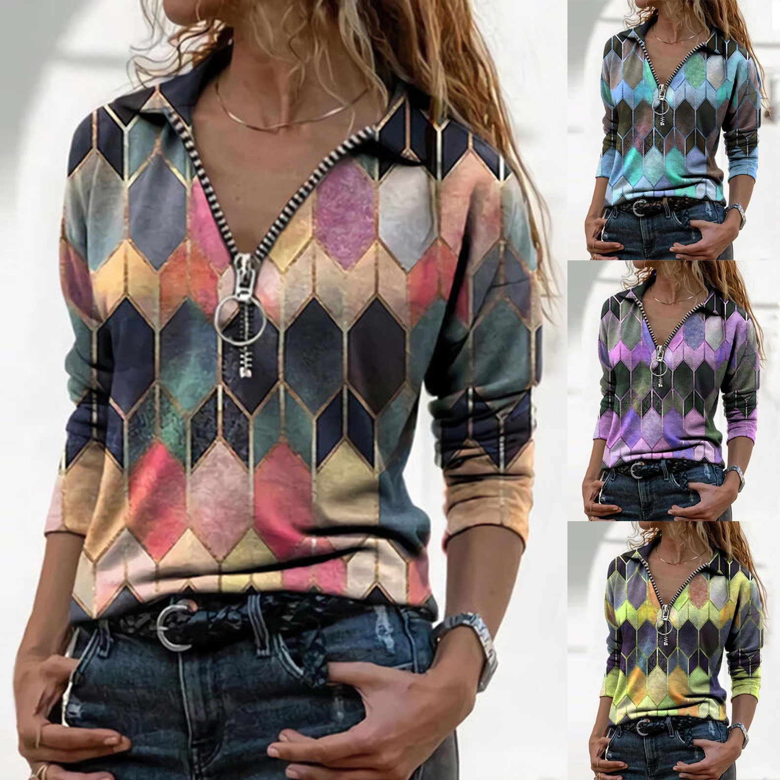 Printed zipper T-shirt slim fit V-neck blouse