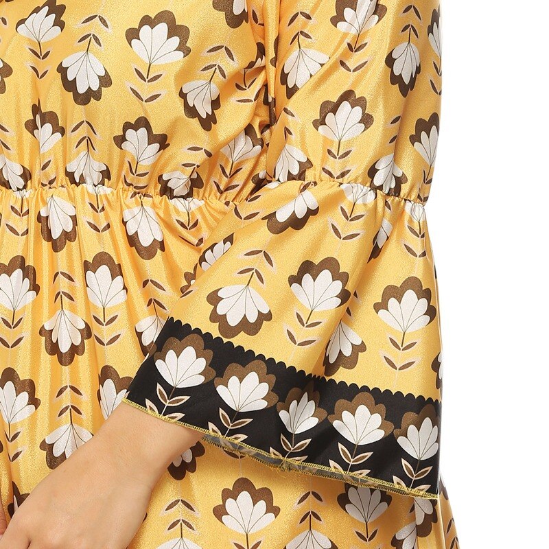 Leaf plant print flared sleeve waist dress