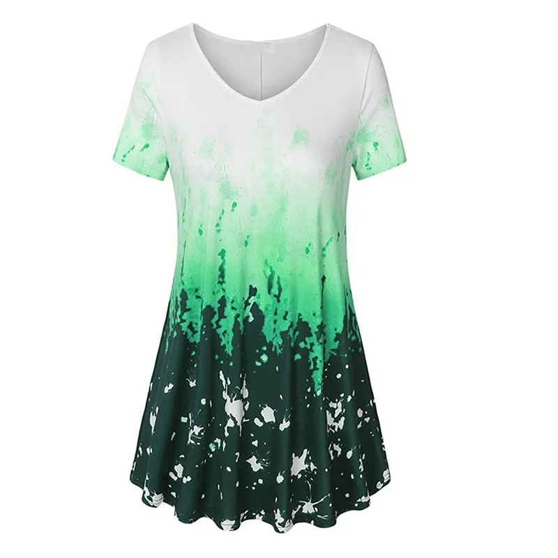 Summer Women Vintage Print Long T Shirt Ladies Short Sleeve V Neck Female Tee Top Casual Loose Tops Plus Size 5XL 6 Color - Green