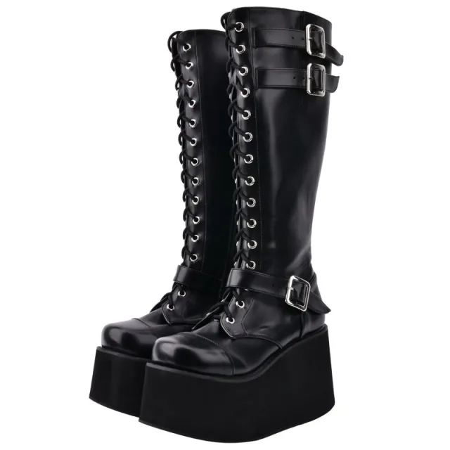 Punk lace up zipper gear muffin high heel boots Black - Shop at LoveMi
