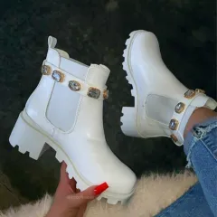 Ankle Boots for Woman Crystal Belt Buckle Real Boots - White - View 1