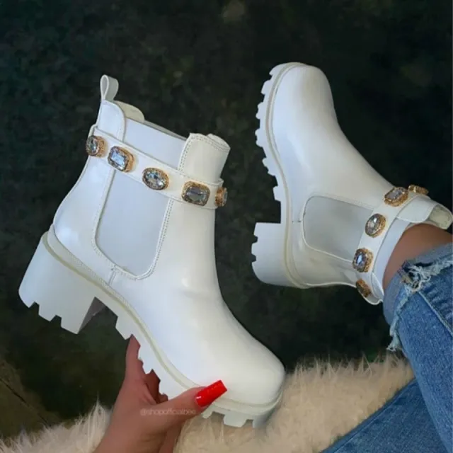 Ankle Boots for Woman Crystal Belt Buckle Real Boots White - Shop at LoveMi