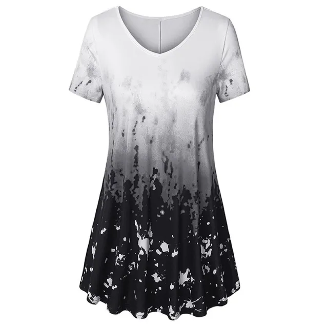 Summer Women Vintage Print Long T Shirt Ladies Short Sleeve V Neck Female Tee Top Casual Loose Tops Plus Size 5XL 6 Color Black - Shop at LoveMi