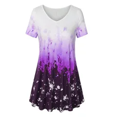 Summer Women Vintage Print Long T Shirt Ladies Short Sleeve V Neck Female Tee Top Casual Loose Tops Plus Size 5XL 6 Colour - Purple - View 1
