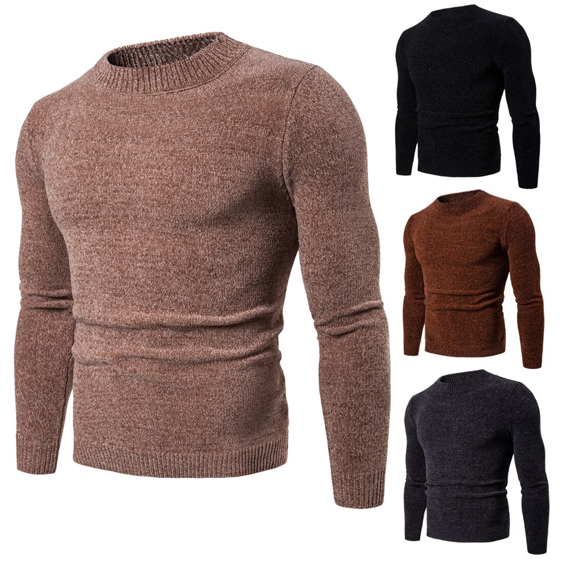 Solid color round neck knit pullover bottoming shirt