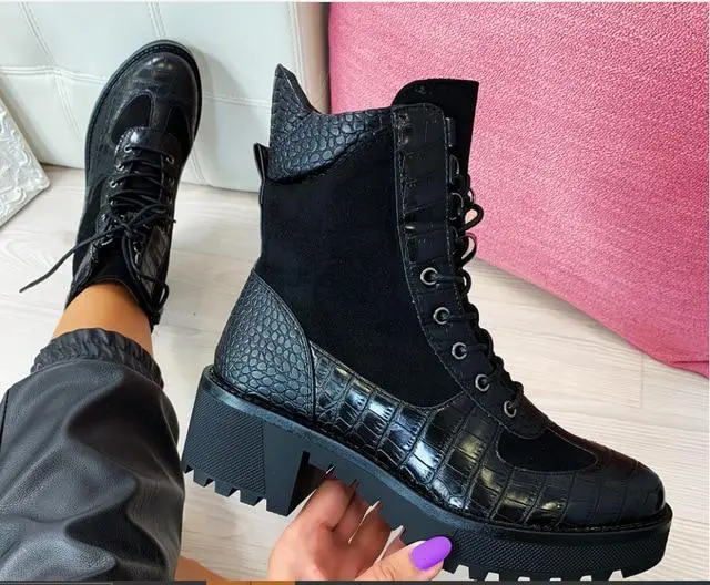 New mid heel and square heel lace up low top Martin boots Black - Shop at LoveMi