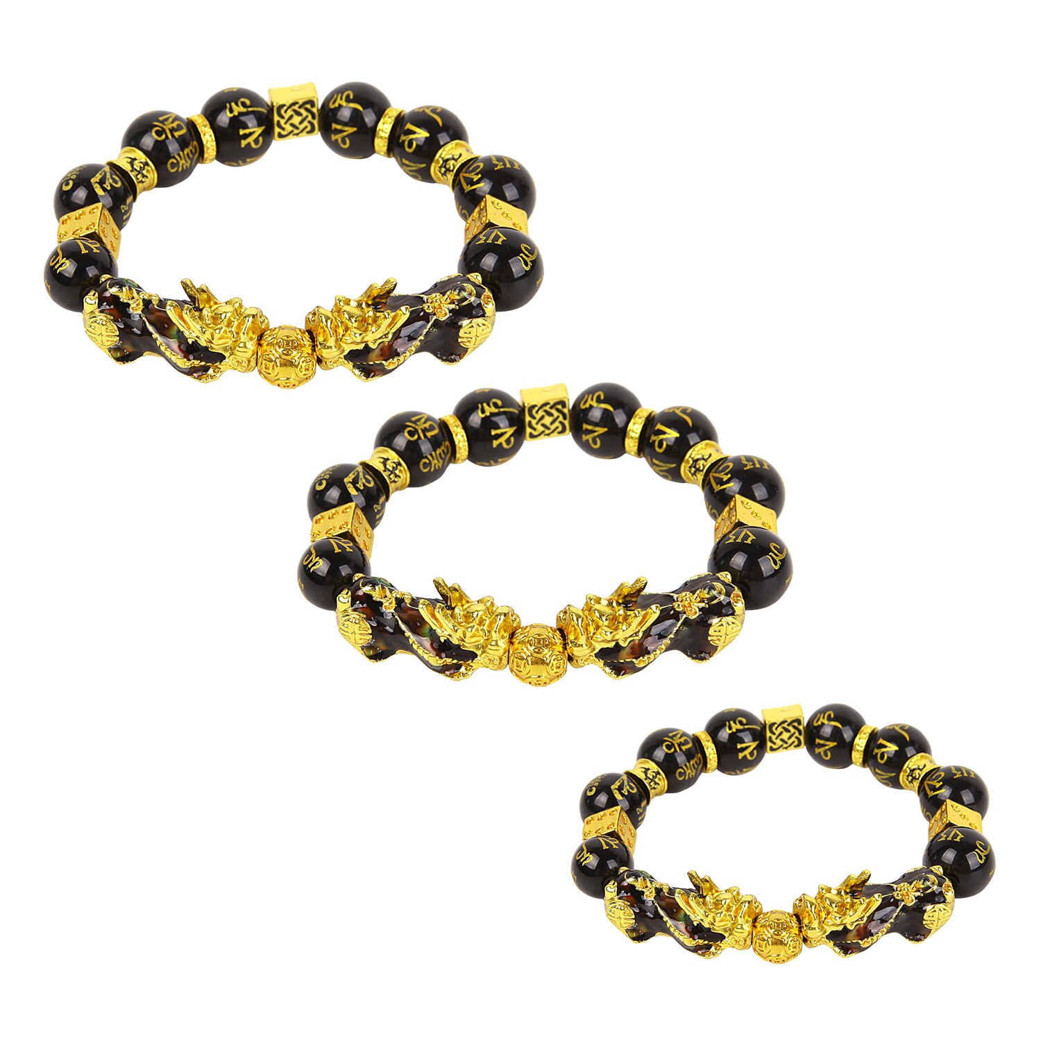 Men Lucky Black Pixiu Gold Obsidian Bracelet