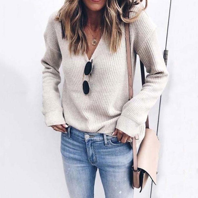 Women's Solid V-Neck Long Sleeve Sweater T-Shirt