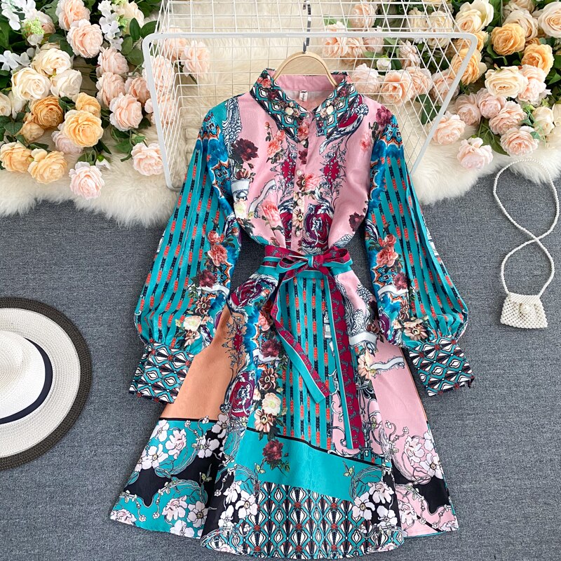 Printed Waist Shows Thin Long Sleeve Lace Up Bow A-line Dress